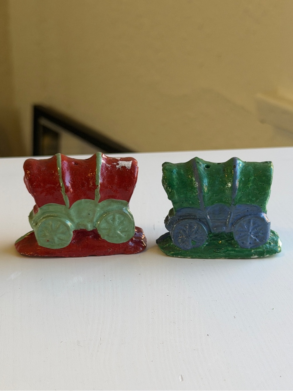 Vintage Covered Wagon Salt & Pepper Shakers Red Green Ceramic Western Americana